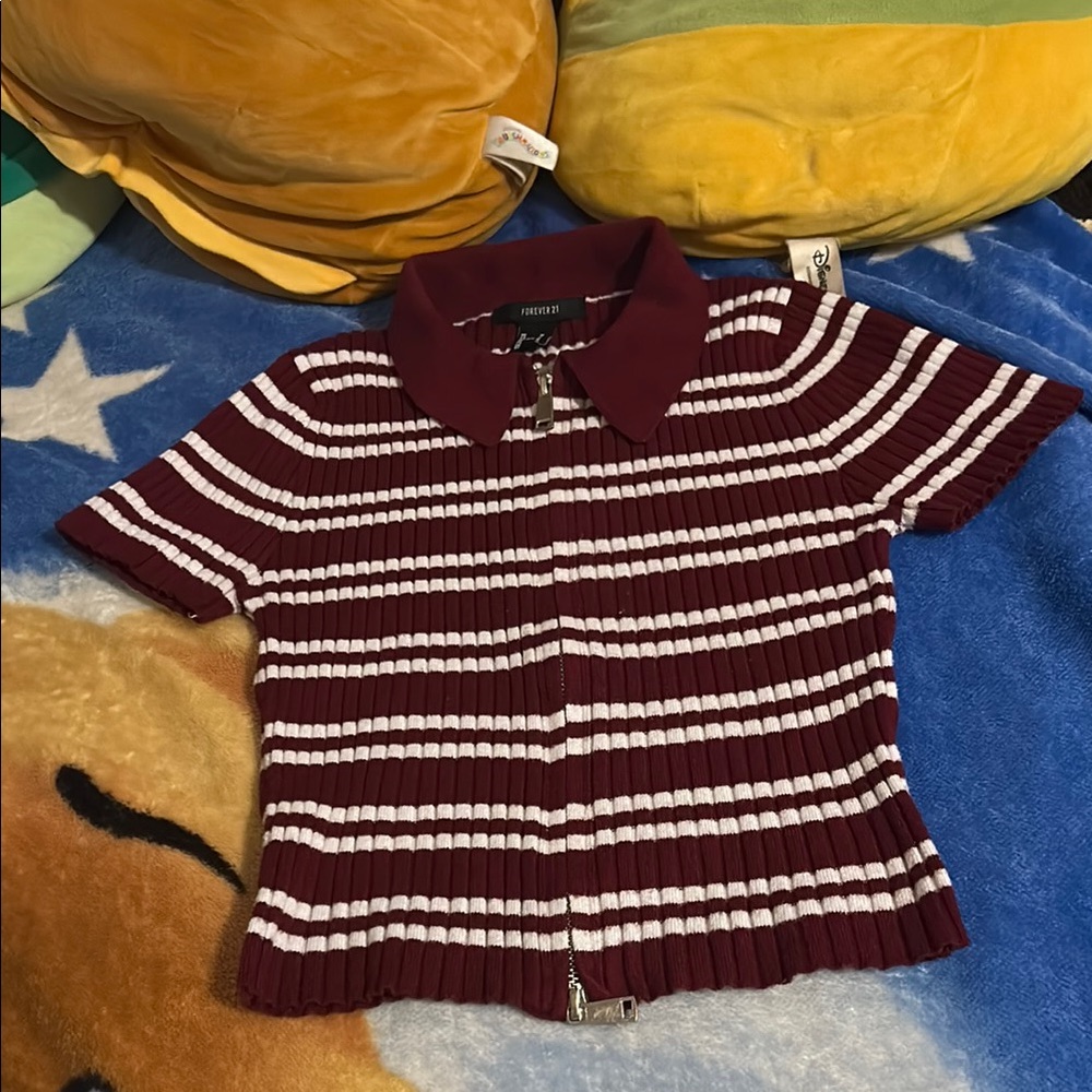 Forever 21 Burgundy and White Striped Zip-Up Top